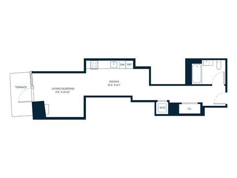 Floor plan for studio, 1 bath, 498 sqft